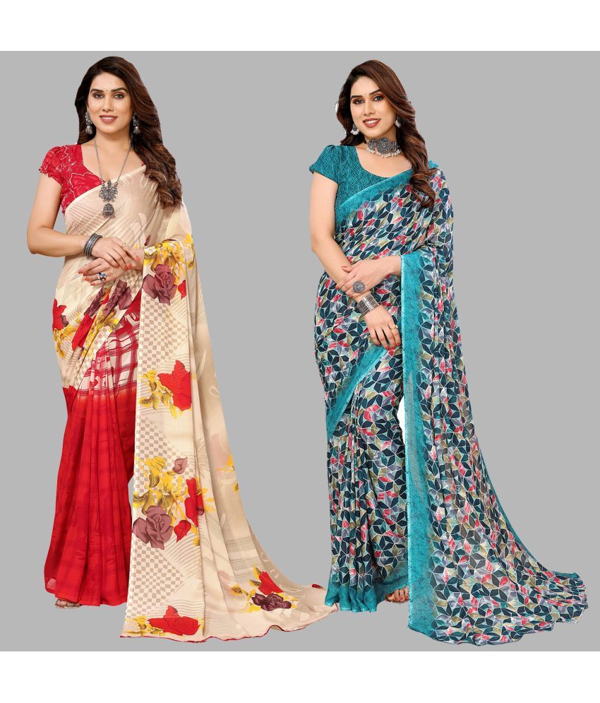     			Kashvi Sarees Georgette Printed Saree With Blouse Piece - Multicolour ( Pack of 2 )