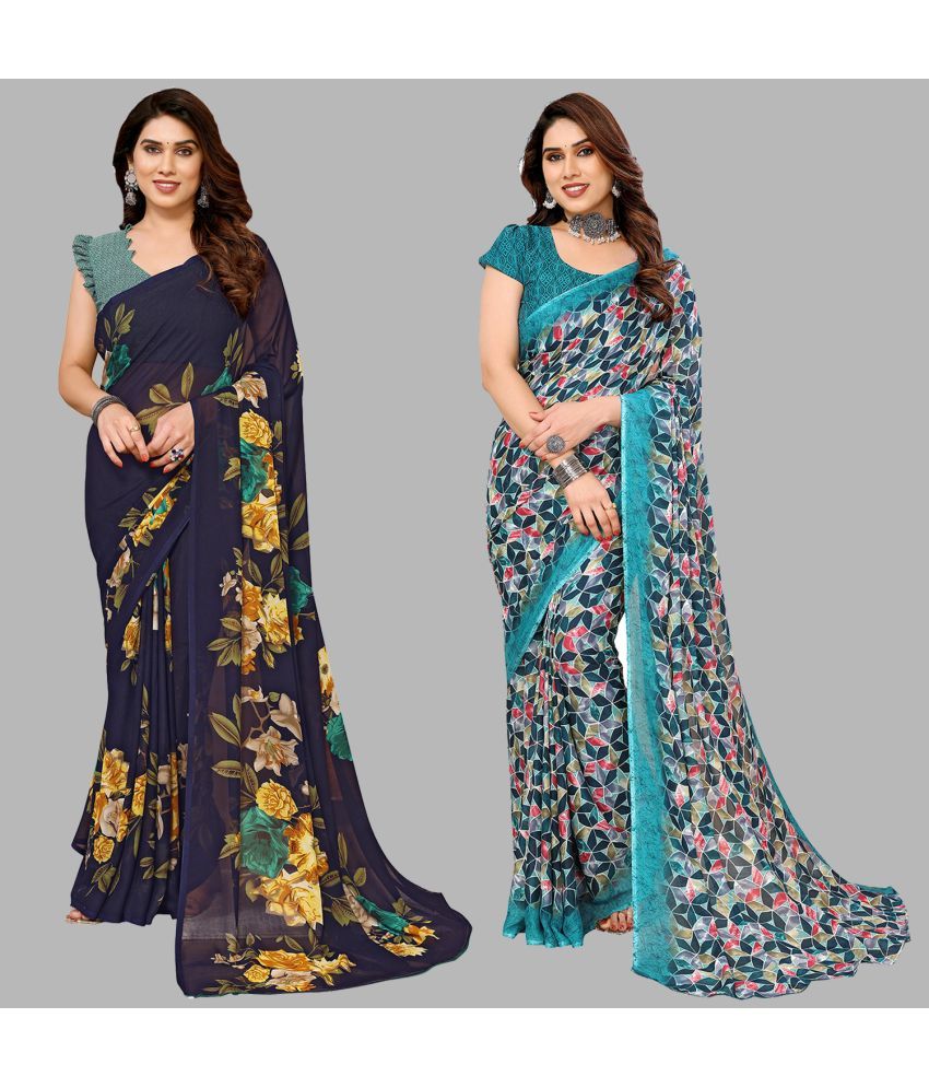     			Kashvi Sarees Georgette Printed Saree With Blouse Piece - Multicolour ( Pack of 2 )