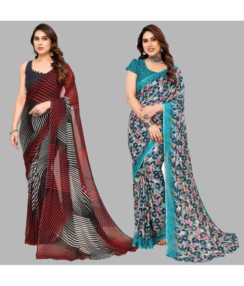     			Kashvi Sarees Georgette Printed Saree With Blouse Piece - Multicolour ( Pack of 2 )