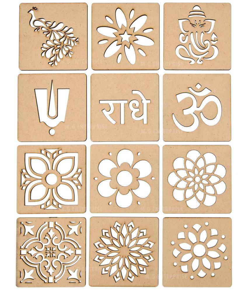     			M.G ENTERPRISE DIY MDF Rangoli Stencils For Floor and Wall PLS-A-12 Set of 12 pc (4 in x 4 in)