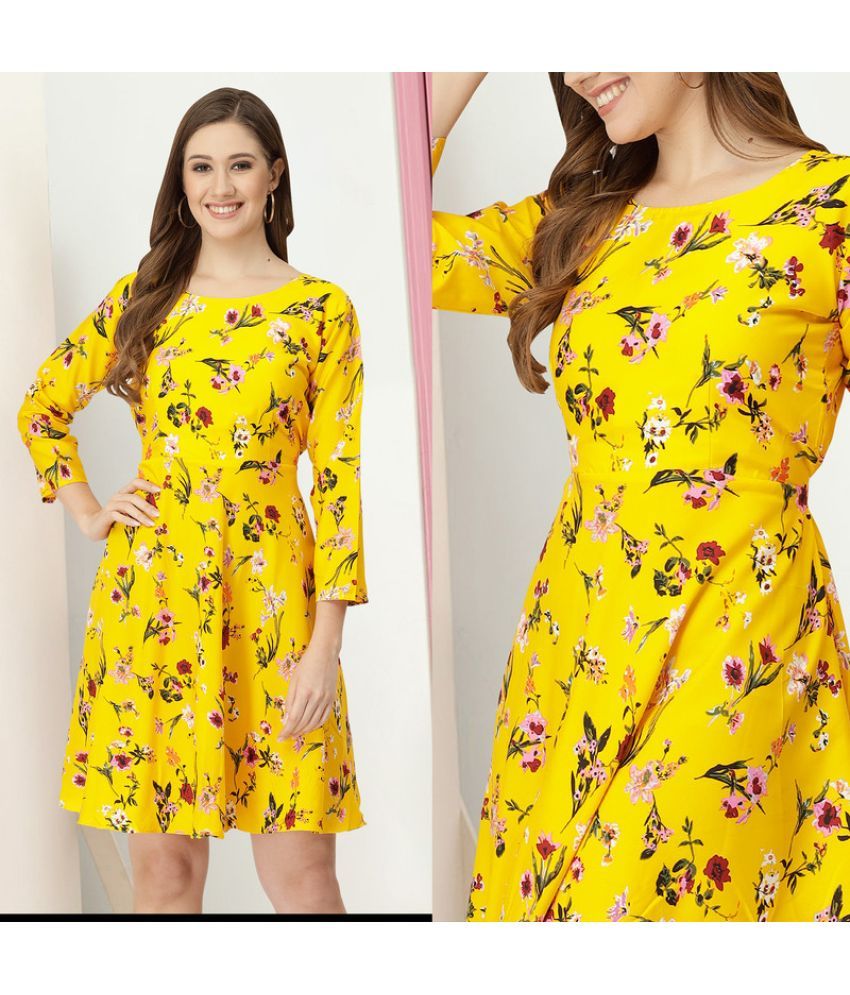     			MISS AYSE Crepe Printed Knee length Women's Fit & Flare Dress - Yellow ( Pack of 1 )