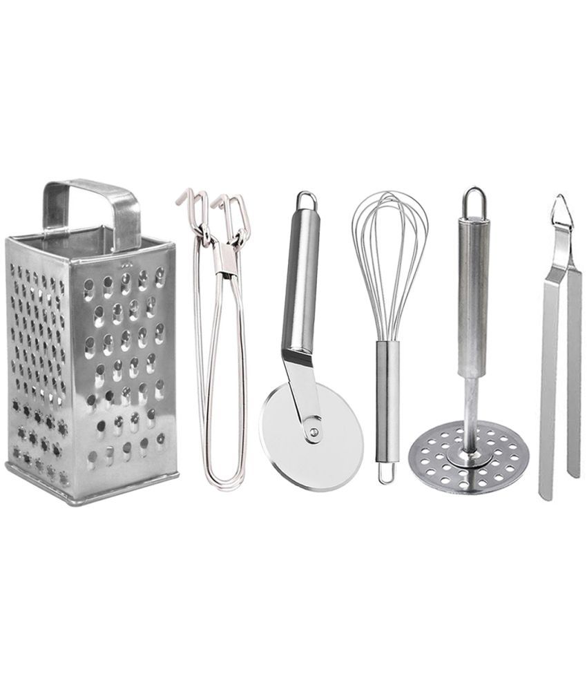     			OC9 Silver Stainless Steel Grater+Pakkad+Pizza Cutter+Whisk+Chimta+Masher ( Set of 6 )