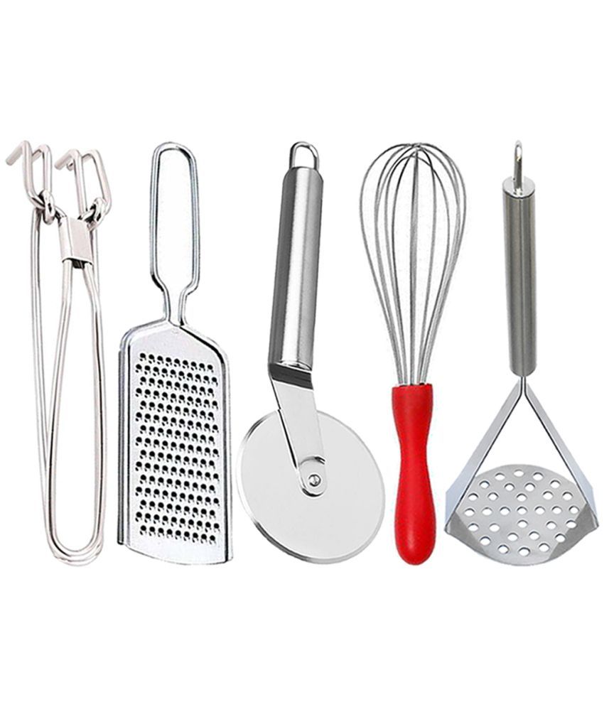     			OC9 Silver Stainless Steel Pakkad+Grater+Whisk+Pizza+Masher ( Set of 5 )