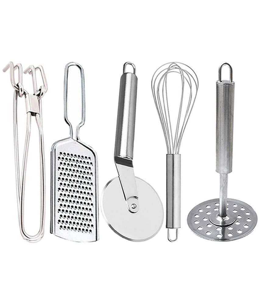     			OC9 Silver Stainless Steel Pakkad+Grater+Whisk+Pizza Cutter+Masher ( Set of 5 )