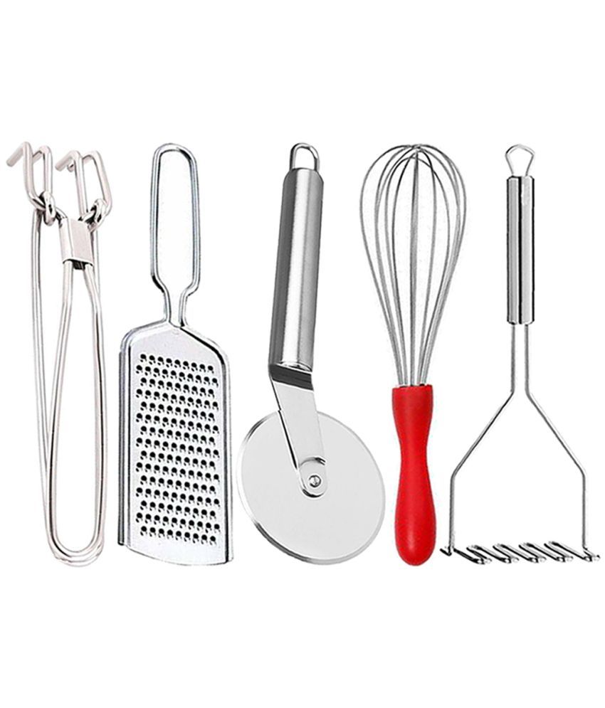     			OC9 Silver Stainless Steel Pakkad+Grater+Whisk+Pizza Cutter+Masher ( Set of 5 )