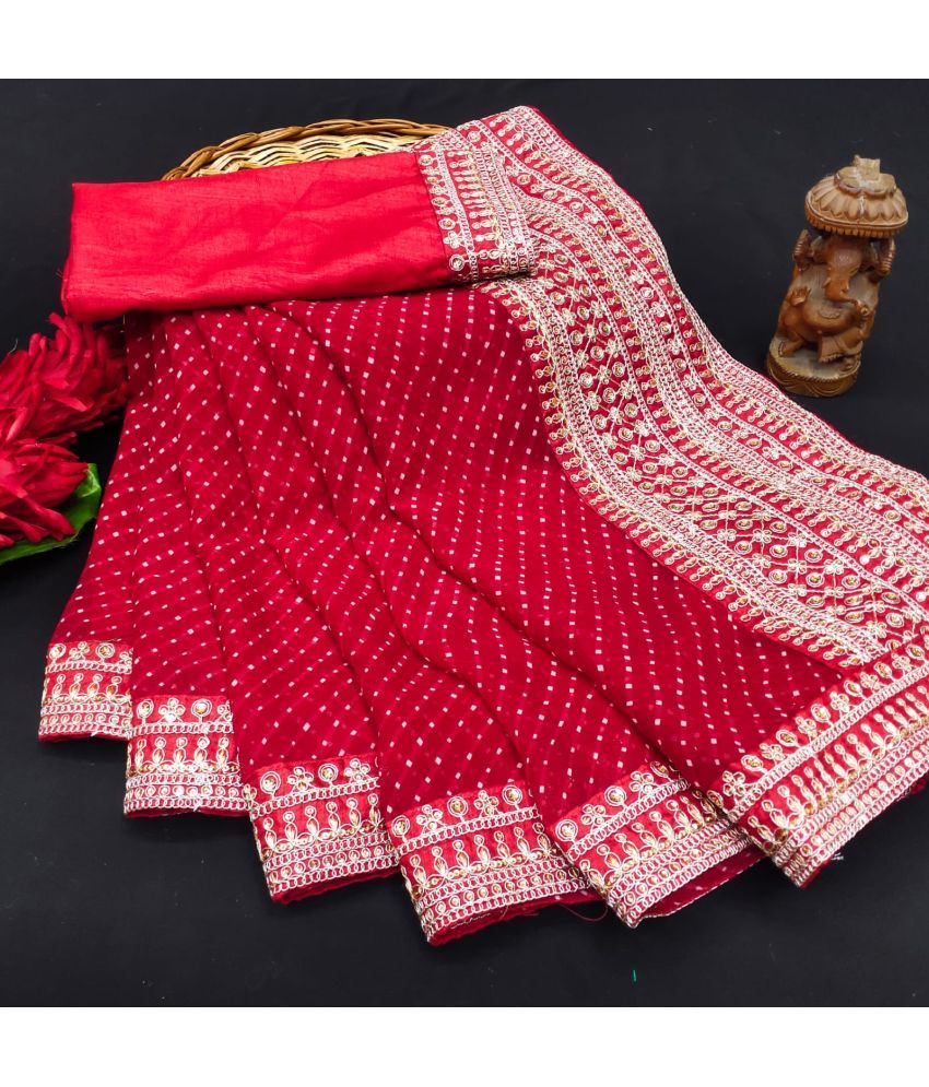     			Poshvariety Georgette Embroidered Saree With Blouse Piece - Red ( Pack of 1 )