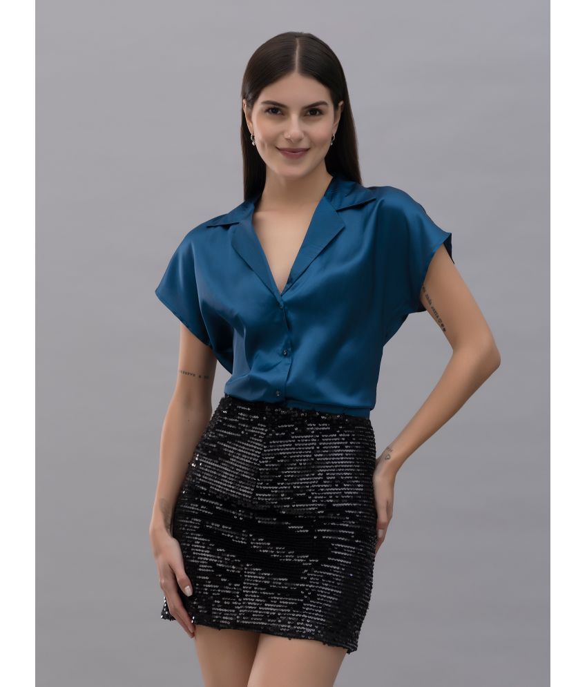     			Purys Blue Satin Women's Shirt Style Top ( Pack of 1 )