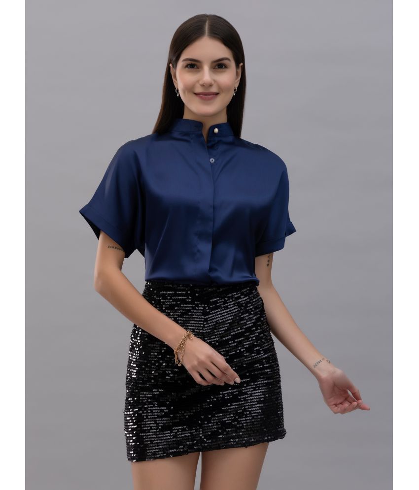     			Purys Navy Blue Satin Women's Shirt Style Top ( Pack of 1 )