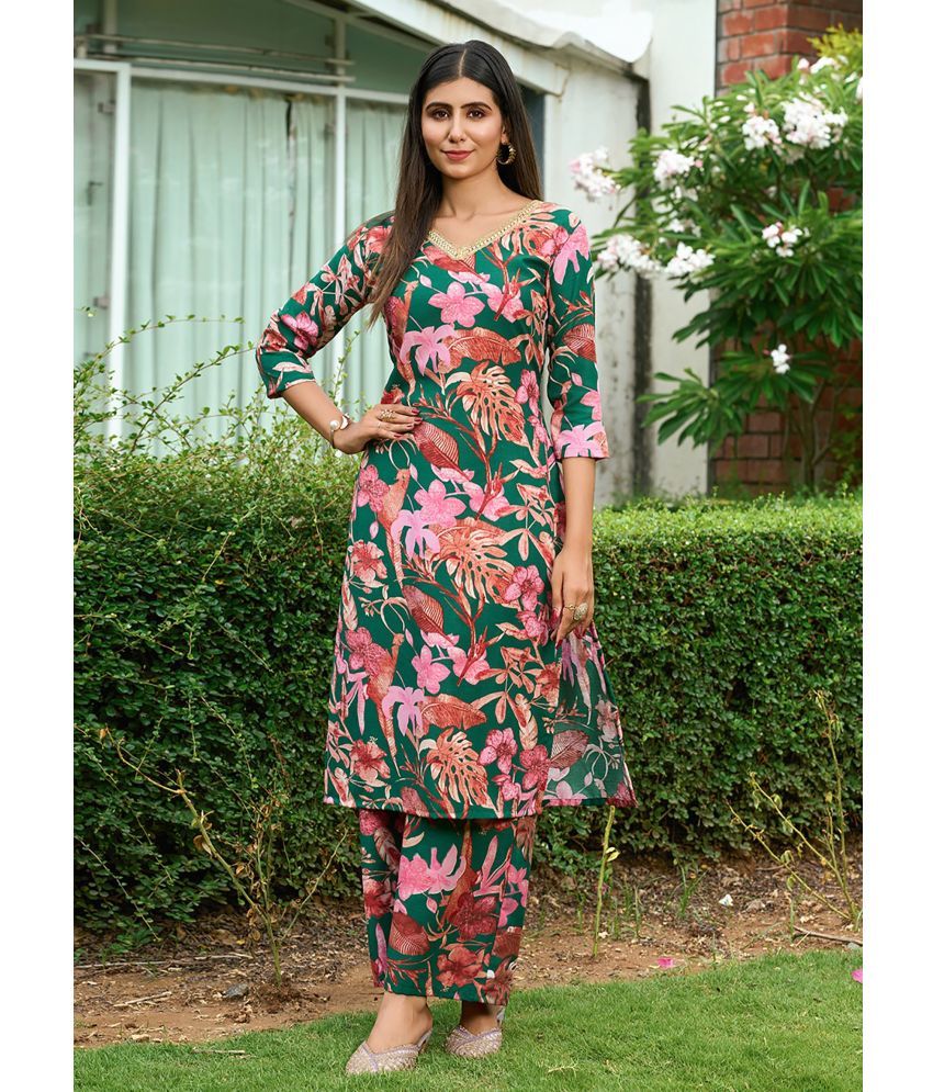     			kedar fab Rayon Printed Kurti With Palazzo Women's Stitched Salwar Suit - Green ( Pack of 1 )