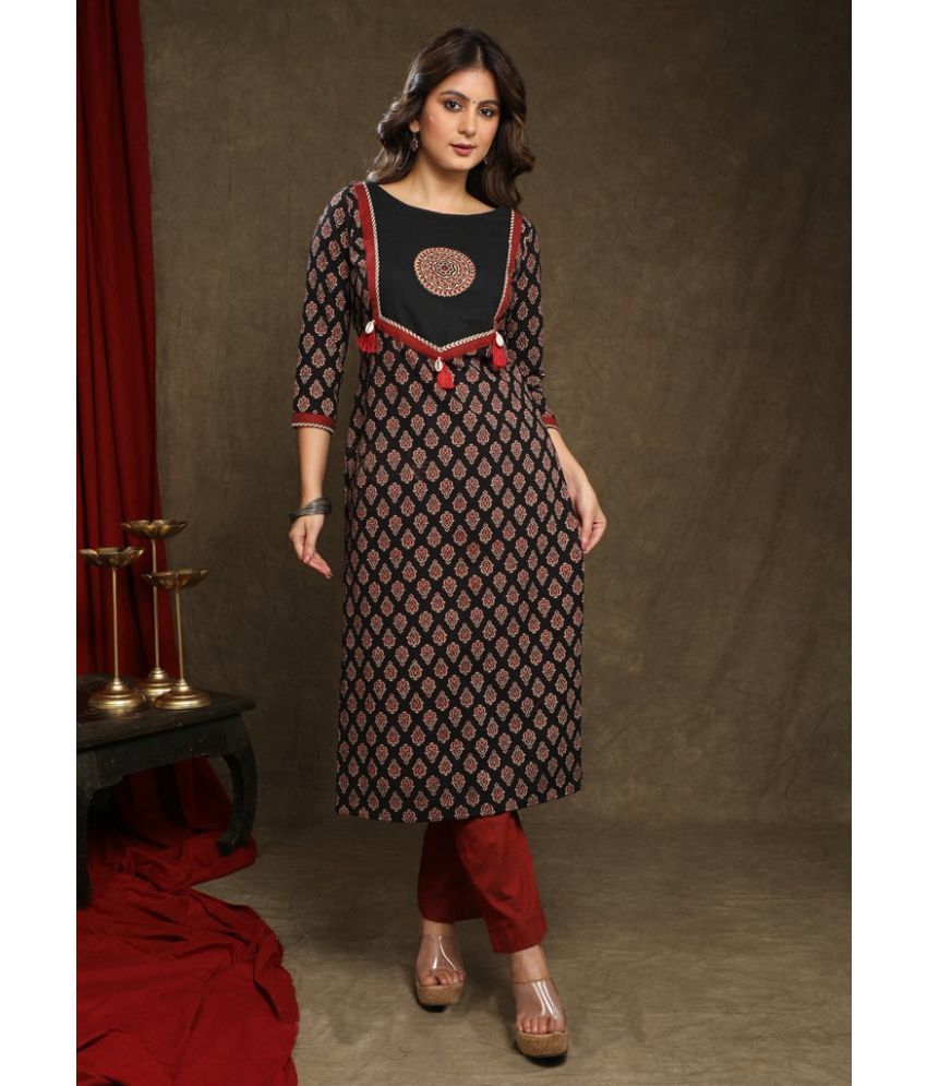     			AMTHI 100% Cotton Printed Straight Women's Kurti - Black ( Pack of 1 )