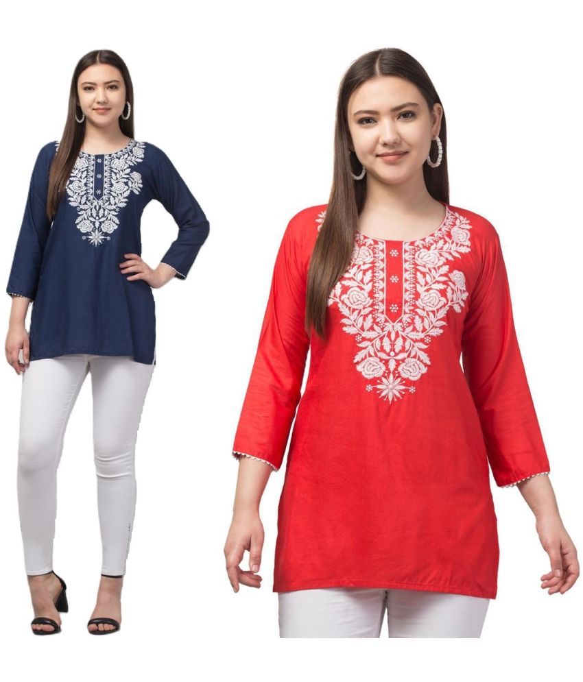     			Aura Glam Rayon Embroidered A-line Women's Kurti - Multicolor6 ( Pack of 2 )