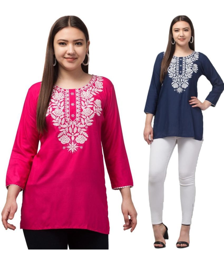     			Aura Glam Rayon Embroidered A-line Women's Kurti - Multicolor4 ( Pack of 2 )