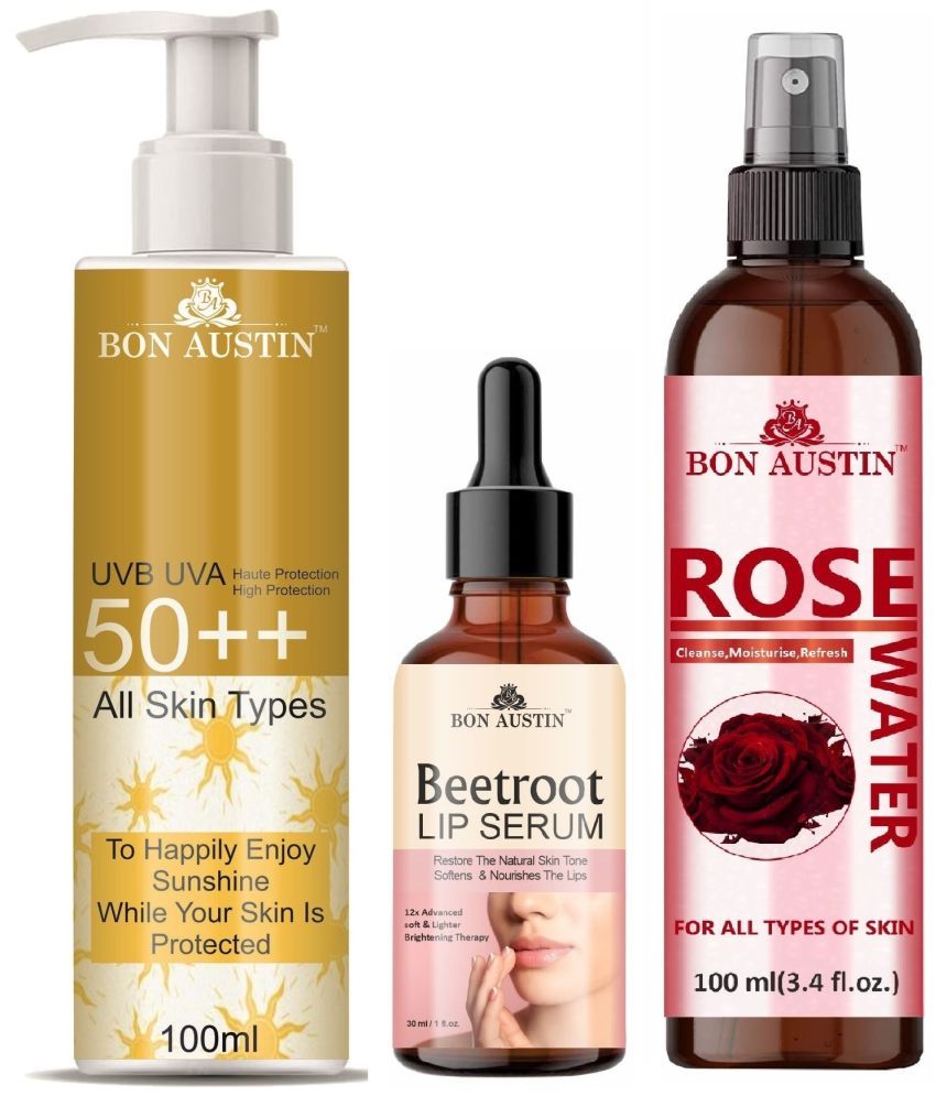     			Bon Austin Broad Spectrum SPF 50++ Sunscreen 100ML, Beetroot Lip Serum 30ML & Natural Rose Water 100ml - Combo of 3