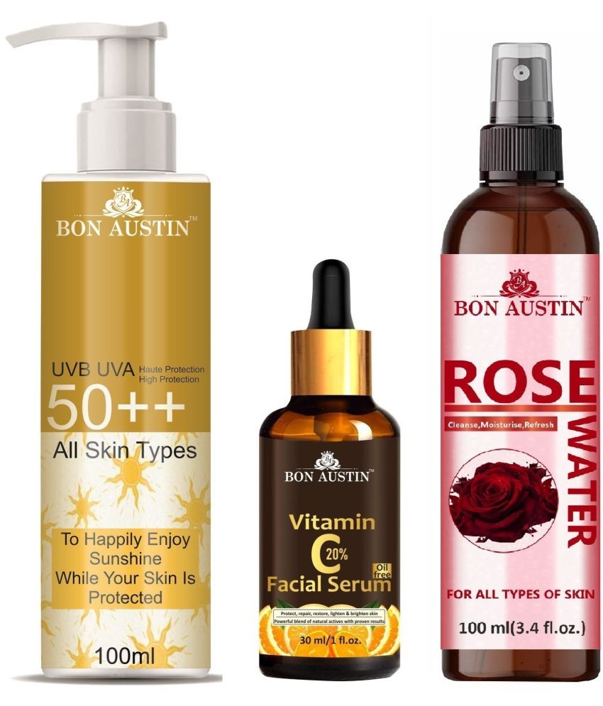     			Bon Austin Broad Spectrum SPF 50++ Sunscreen 100ML, Vitamin C20% Face Brightening Serum 30ML & Natural Rose Water 100ml - Combo of 3