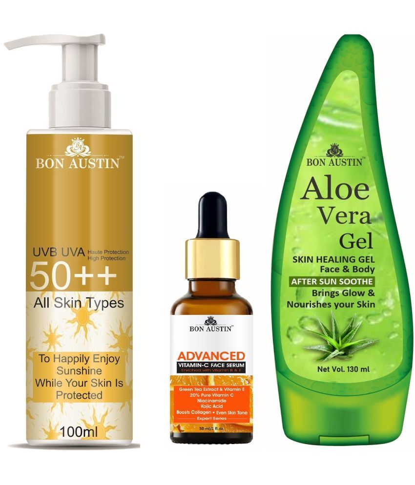     			Bon Austin Broad Spectrum SPF 50++ Sunscreen 100ML, Advance Vitamin C Face Serum 30ML & Multipurpose Aloe Vera Gel 130ml - Combo of 3