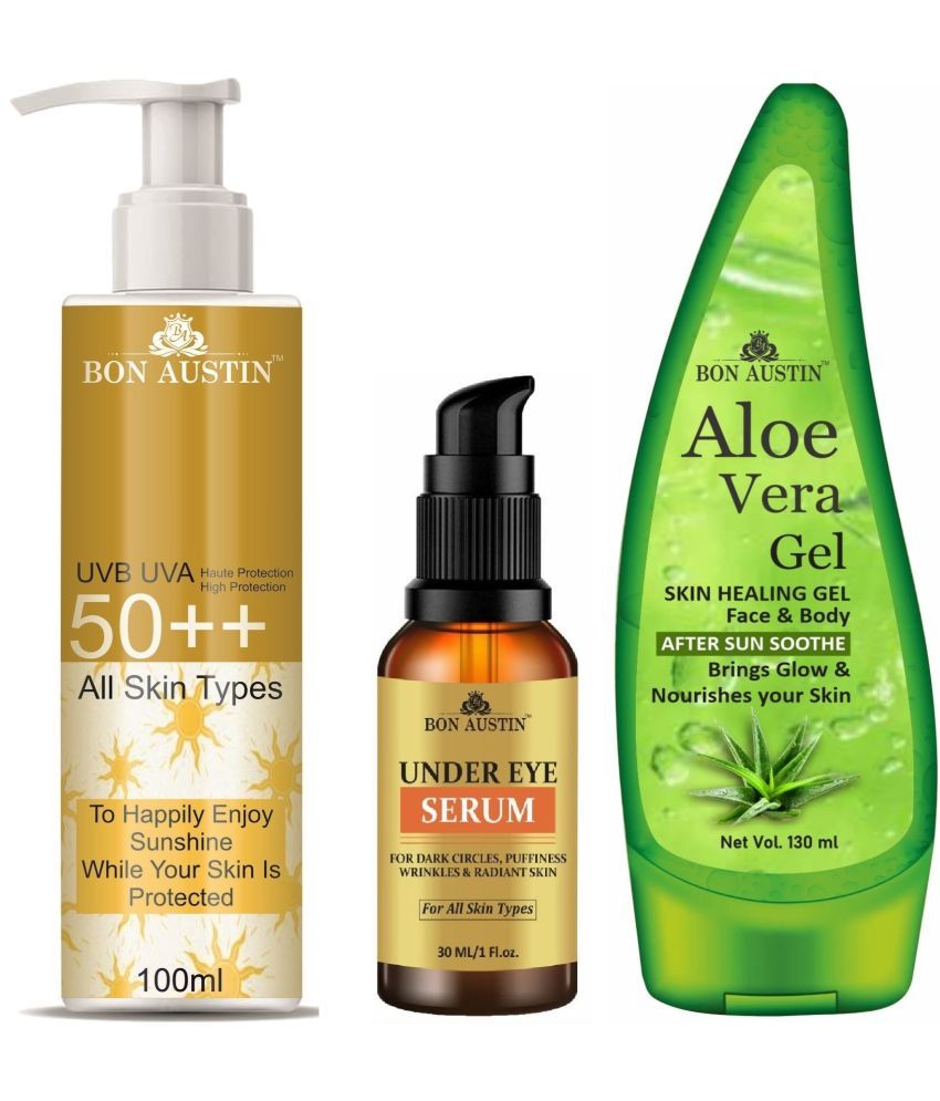     			Bon Austin Broad Spectrum SPF 50++ Sunscreen 100ML, Under Eye Serum-Dark Circle Remover 30ML & Multipurpose Aloe Vera Gel 130ml - Combo of 3