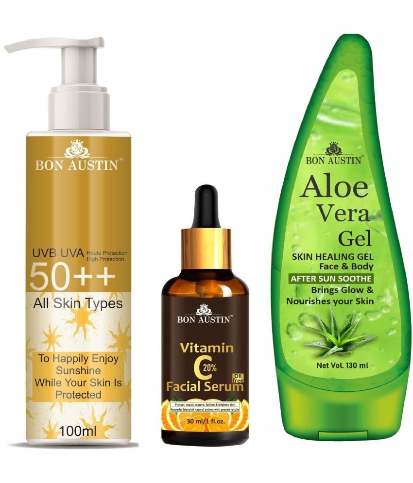     			Bon Austin Broad Spectrum SPF 50++ Sunscreen 100ML, Vitamin C20% Face Brightening Serum 30ML & Multipurpose Aloe Vera Gel 130ml - Combo of 3