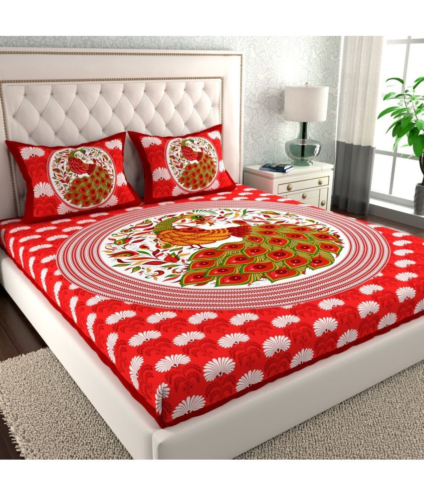     			Cosito Cotton Birds 1 Double Bedsheet with 2 Pillow Covers - Red