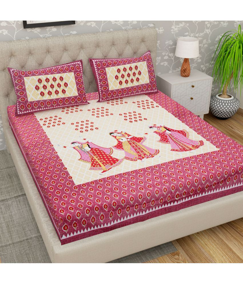     			Cosito Cotton Ethnic 1 Double Bedsheet with 2 Pillow Covers - Pink