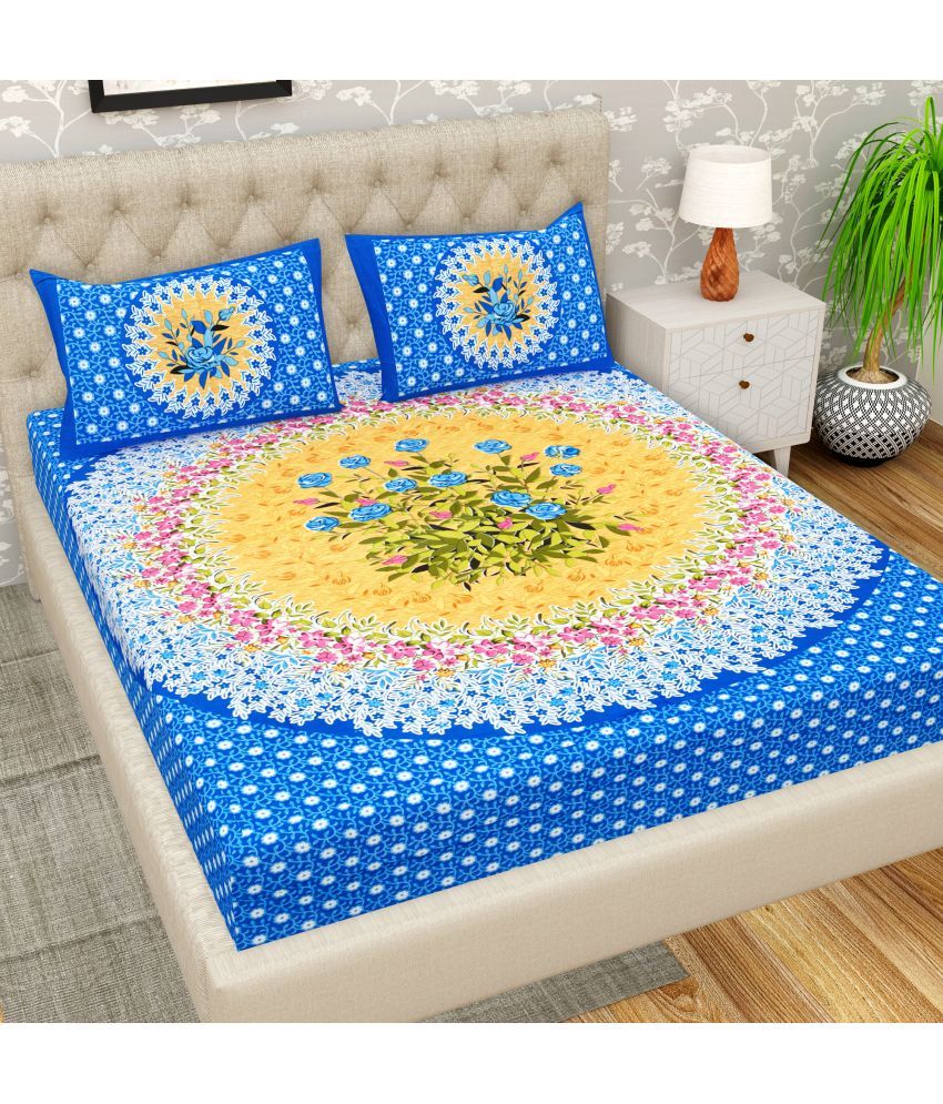     			Cosito Cotton Ethnic 1 Double Bedsheet with 2 Pillow Covers - Blue