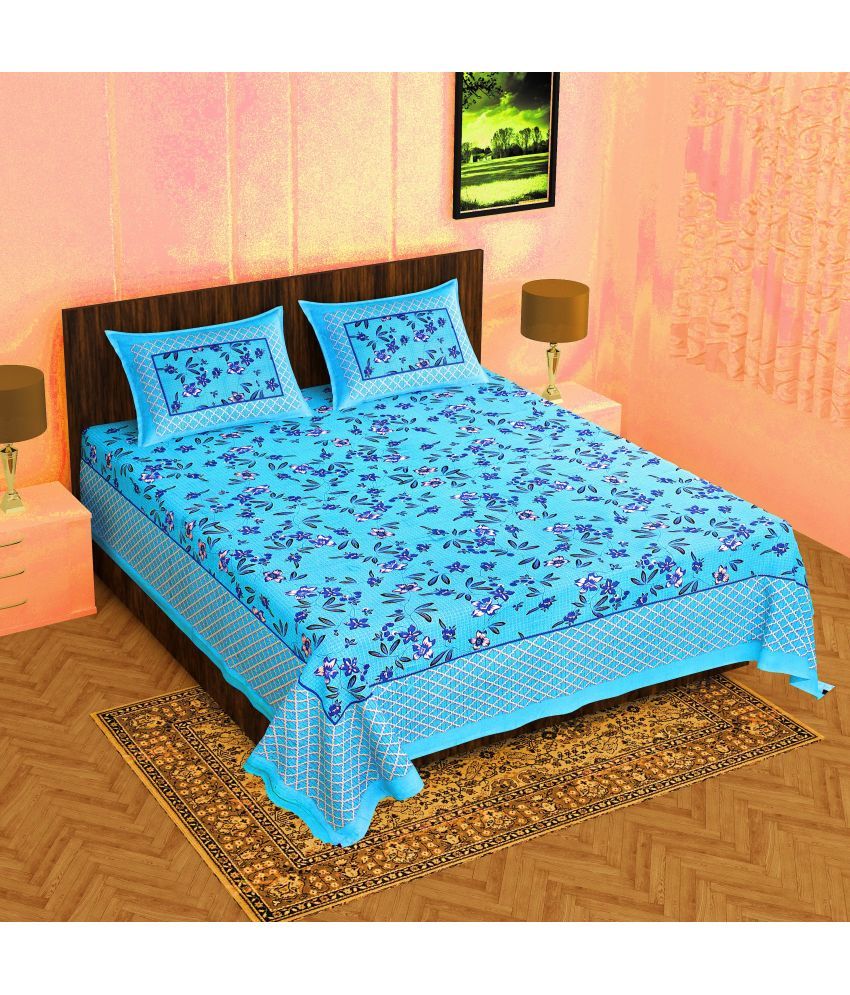     			Cosito Cotton Floral 1 Double Bedsheet with 2 Pillow Covers - Blue