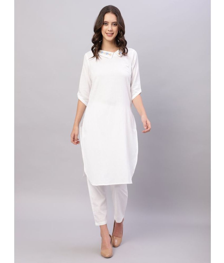     			Flamboyant Cotton Embroidered Kurti With Pants Women's Stitched Salwar Suit - White ( Pack of 1 )