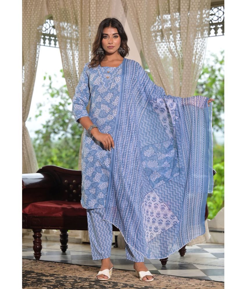     			Juniper Cotton Printed Kurti With Pants Women's Stitched Salwar Suit - Blue ( Pack of 1 )