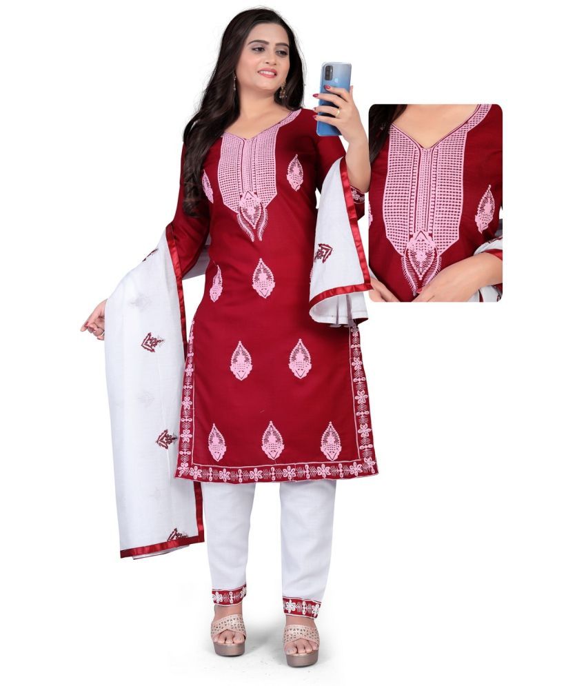     			Krihani Cotton Blend Embroidered Kurti With Pants Women's Stitched Salwar Suit - Red ( Pack of 1 )