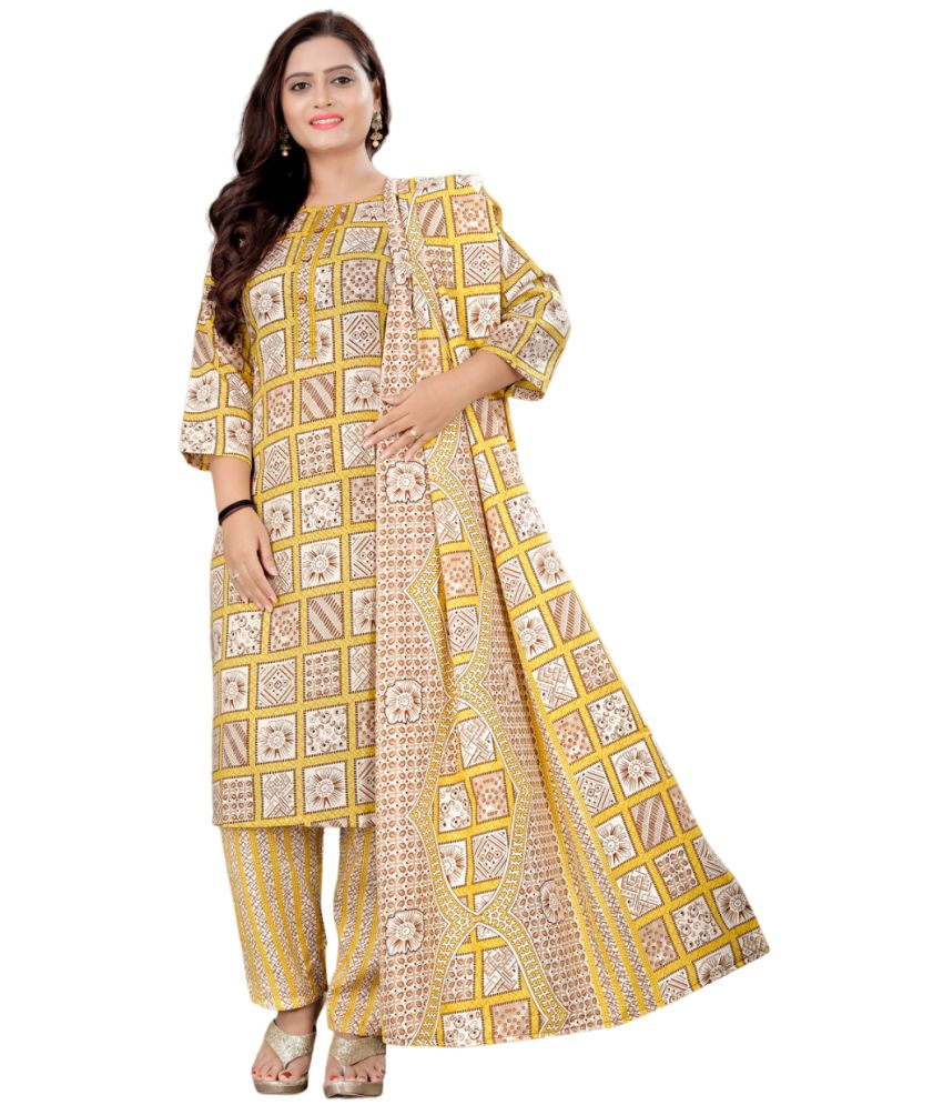     			Krihani Cotton Blend Printed Kurti With Pants Women's Stitched Salwar Suit - Yellow ( Pack of 1 )