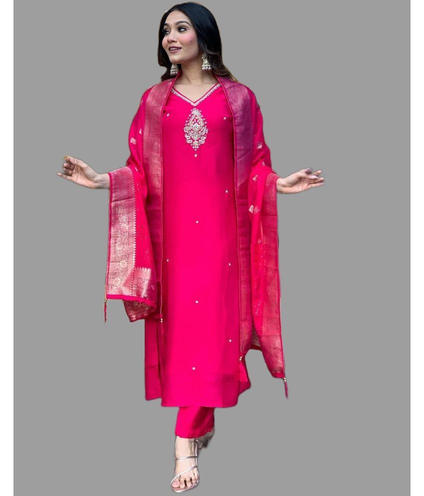     			MEHZEEL FAB Silk Blend Embroidered Kurti With Pants Women's Stitched Salwar Suit - Pink ( Pack of 1 )