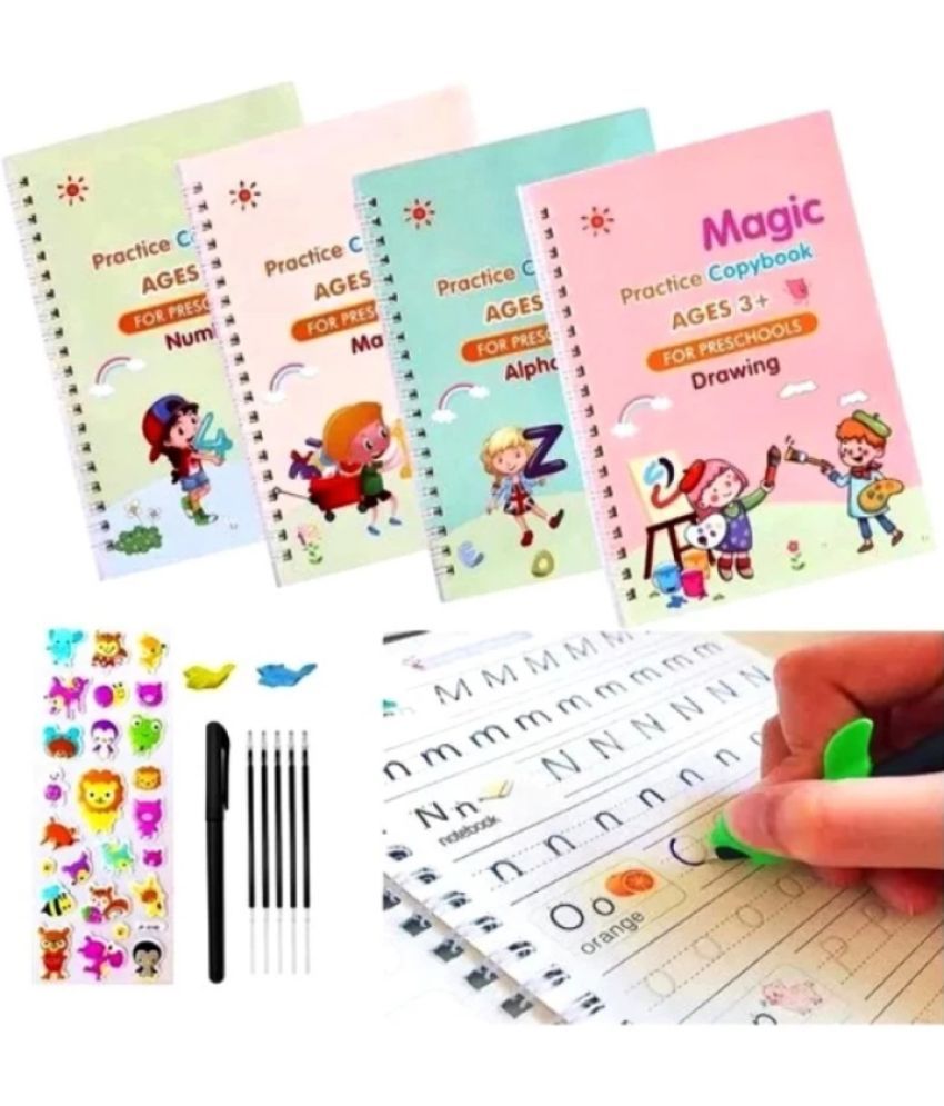     			Magic Practice Copybook, (4 Books + 1 Pen + 10 Refill) Number, Alphabet, Math and Drawing for Preschools Ages 3+