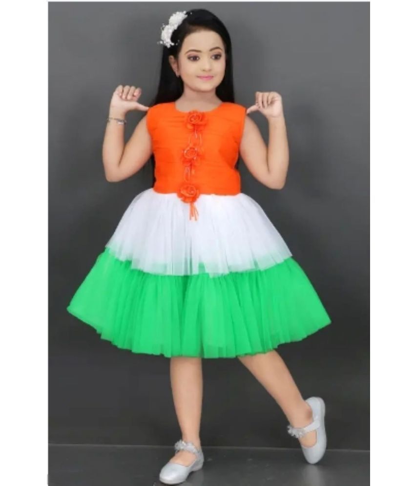     			New Collection Orange,White,Green Net Girls A-line Dress ( Pack of 1 )