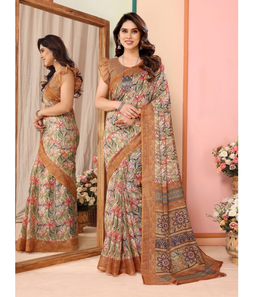     			Rangita Cotton Blend Printed Saree With Blouse Piece - Brown ( Pack of 1 )