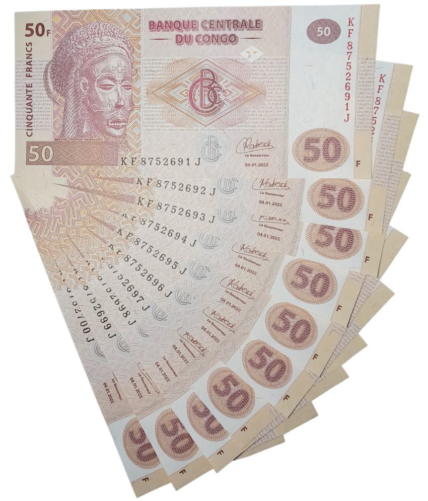     			NOTAPHILY Rare Authentic Vintage Set of 50 Francs Democratic Republic of Congo Serially Numbered (10 Pieces SET) in UnCirculated Condition, UNC.