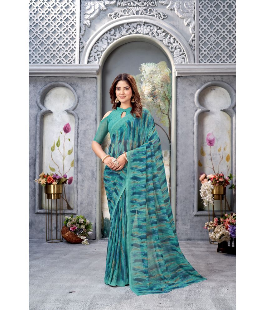     			Varni Fabrics Georgette Printed Saree With Blouse Piece - Sea Green ( Pack of 1 )