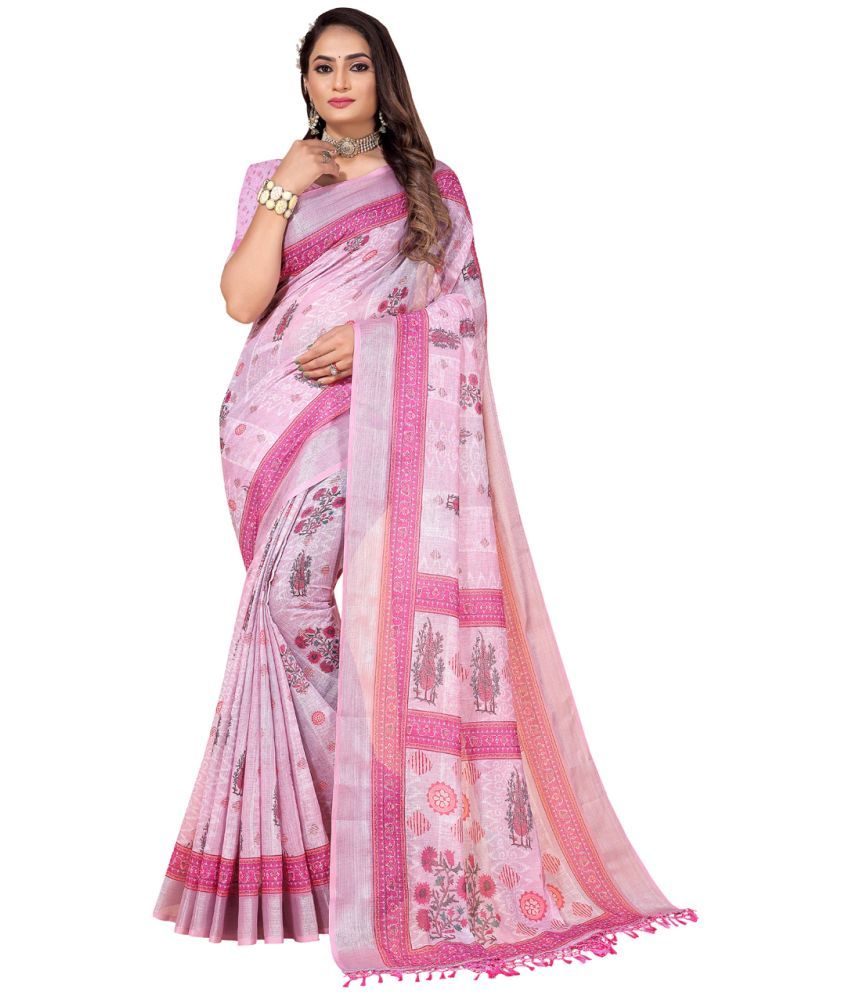     			AMTHI Linen Printed Saree With Blouse Piece - Multicolour ( Pack of 1 )