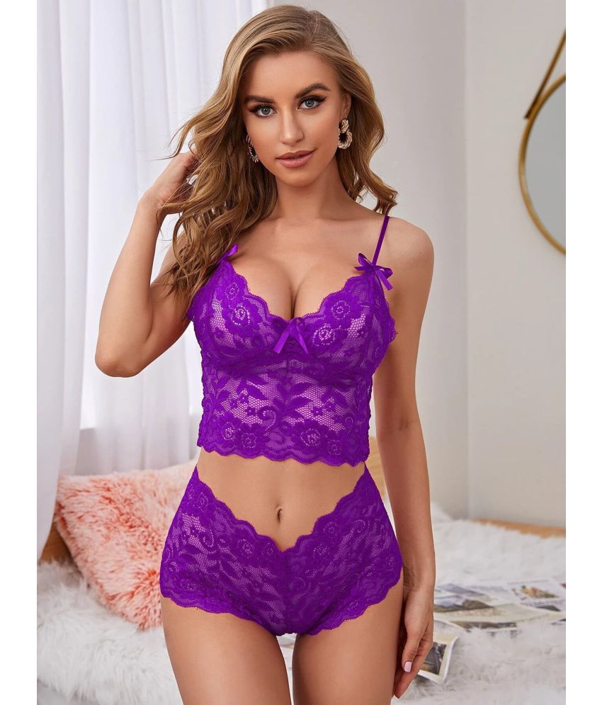     			COMFY ATTIRE Net Women's Bra & Panty Set ( Purple )