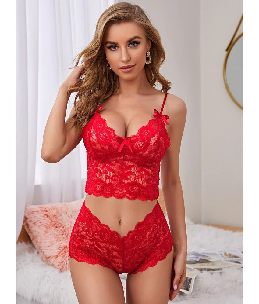     			COMFY ATTIRE Red Net Women's Bra & Panty Set ( Pack of 1 )