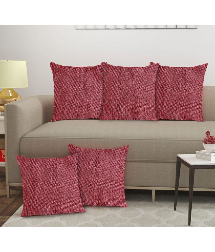     			Crosmo Set of 5 Jute Solid Square Cushion Cover (40X40)cm - Red