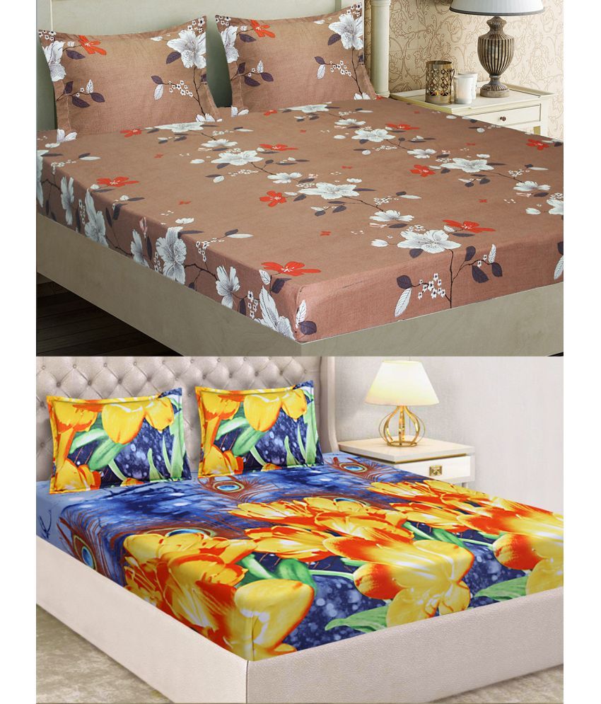     			Home Candy Microfiber Floral 2 Double Bedsheet with 4 Pillow Covers - Orange