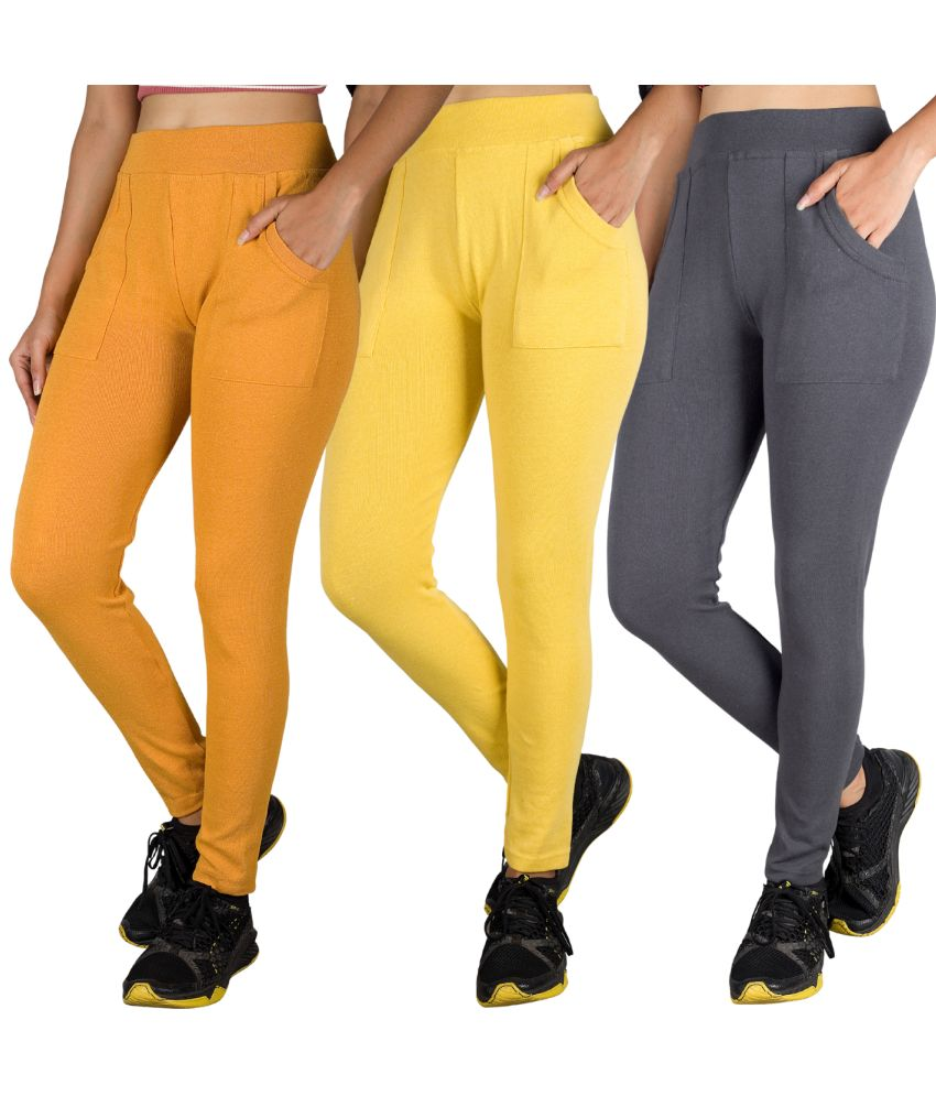     			KARARO JEGGINGS - Cotton Blend Skinny Fit Yellow Women's Jeggings ( Pack of 3 )