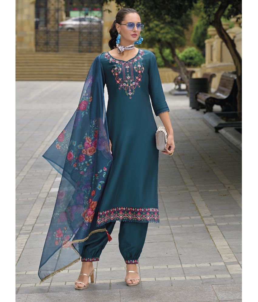     			MOJILAA Viscose Embroidered Kurti With Salwar Women's Stitched Salwar Suit - Teal ( Pack of 1 )