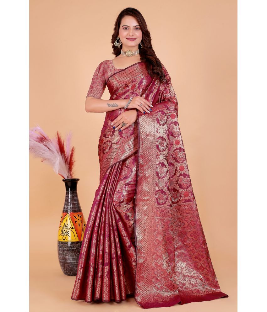     			Raj Vivah Jacquard Embellished Saree With Blouse Piece - Wine ( Pack of 1 )