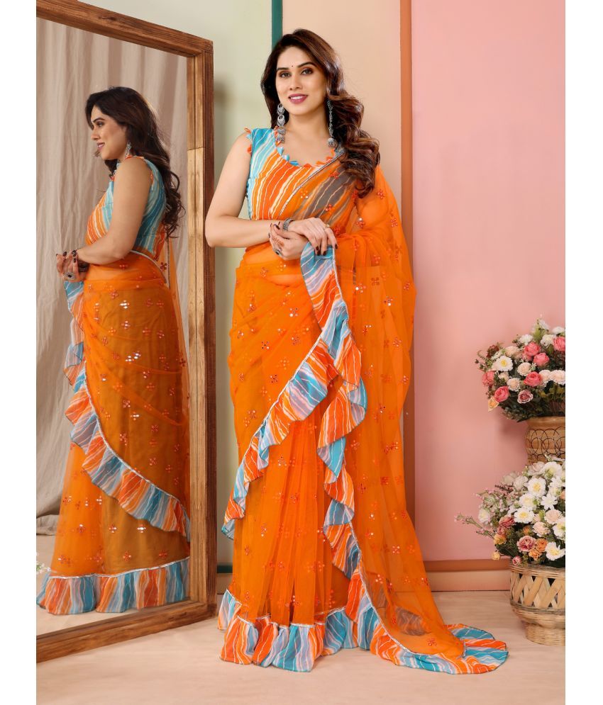     			Rangita Net Embellished Saree With Blouse Piece - Orange ( Pack of 1 )