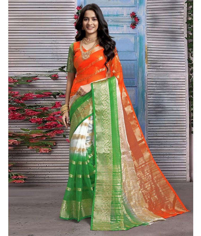     			Samah Organza Colorblock Saree With Blouse Piece - Multicolor1 ( Pack of 1 )