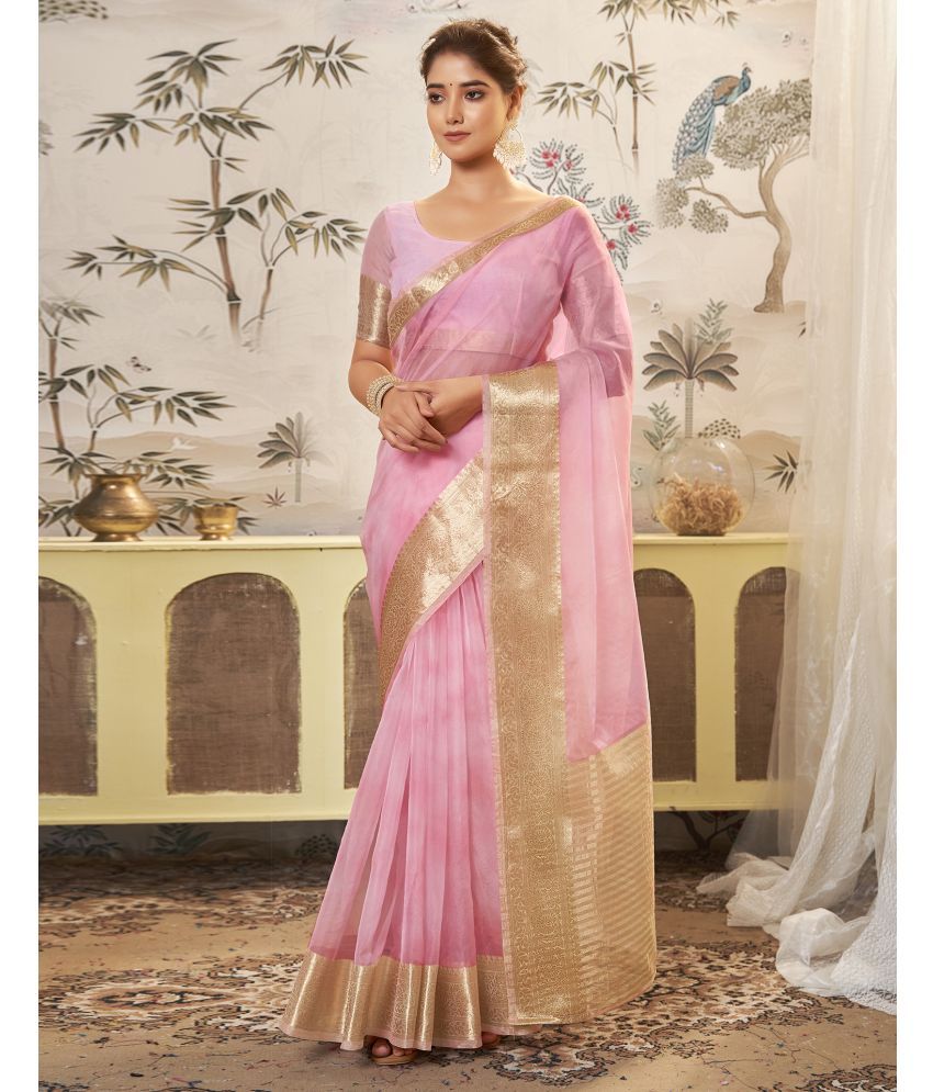     			Samah Organza Embellished Saree With Blouse Piece - Pink ( Pack of 1 )