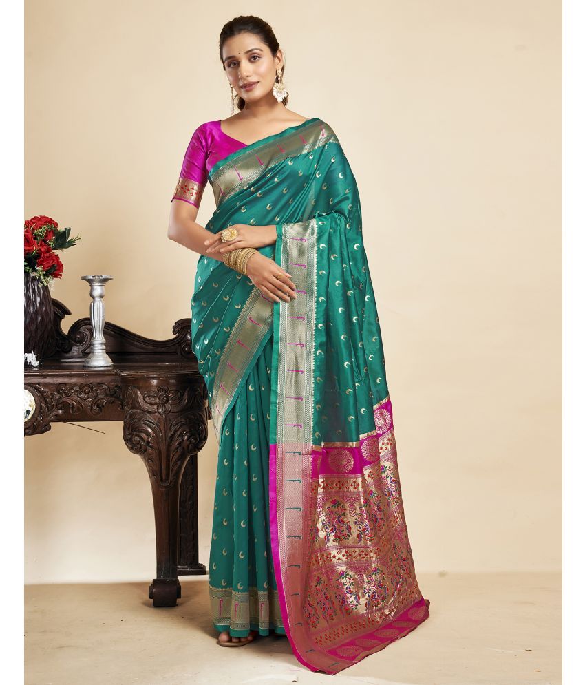     			Samah Silk Blend Embellished Saree With Blouse Piece - Teal ( Pack of 1 )