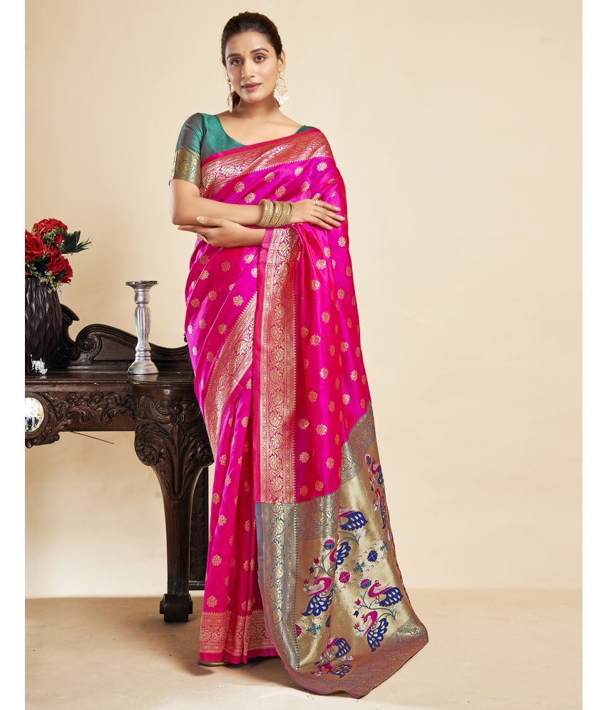     			Samah Silk Blend Printed Saree With Blouse Piece - Magenta ( Pack of 1 )