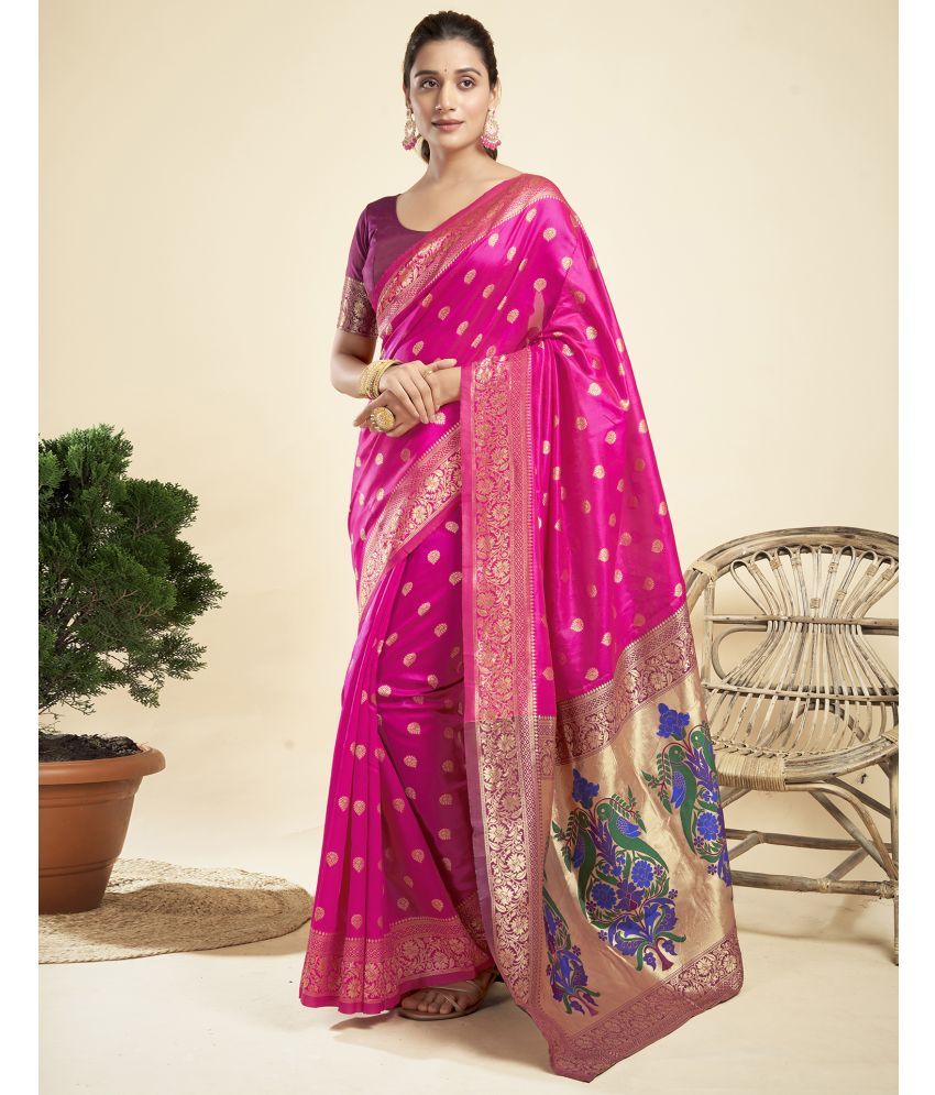     			Samah Silk Blend Printed Saree With Blouse Piece - Magenta ( Pack of 1 )