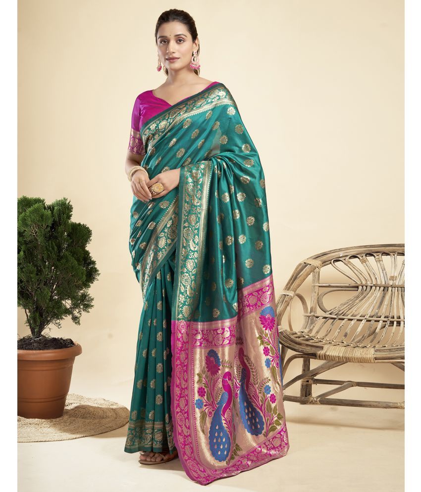     			Samah Silk Blend Printed Saree With Blouse Piece - Teal ( Pack of 1 )